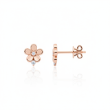 rose gold flower stud earrings with clear stones on white background
