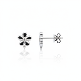 white gold flower stud earrings with clear stones on white background