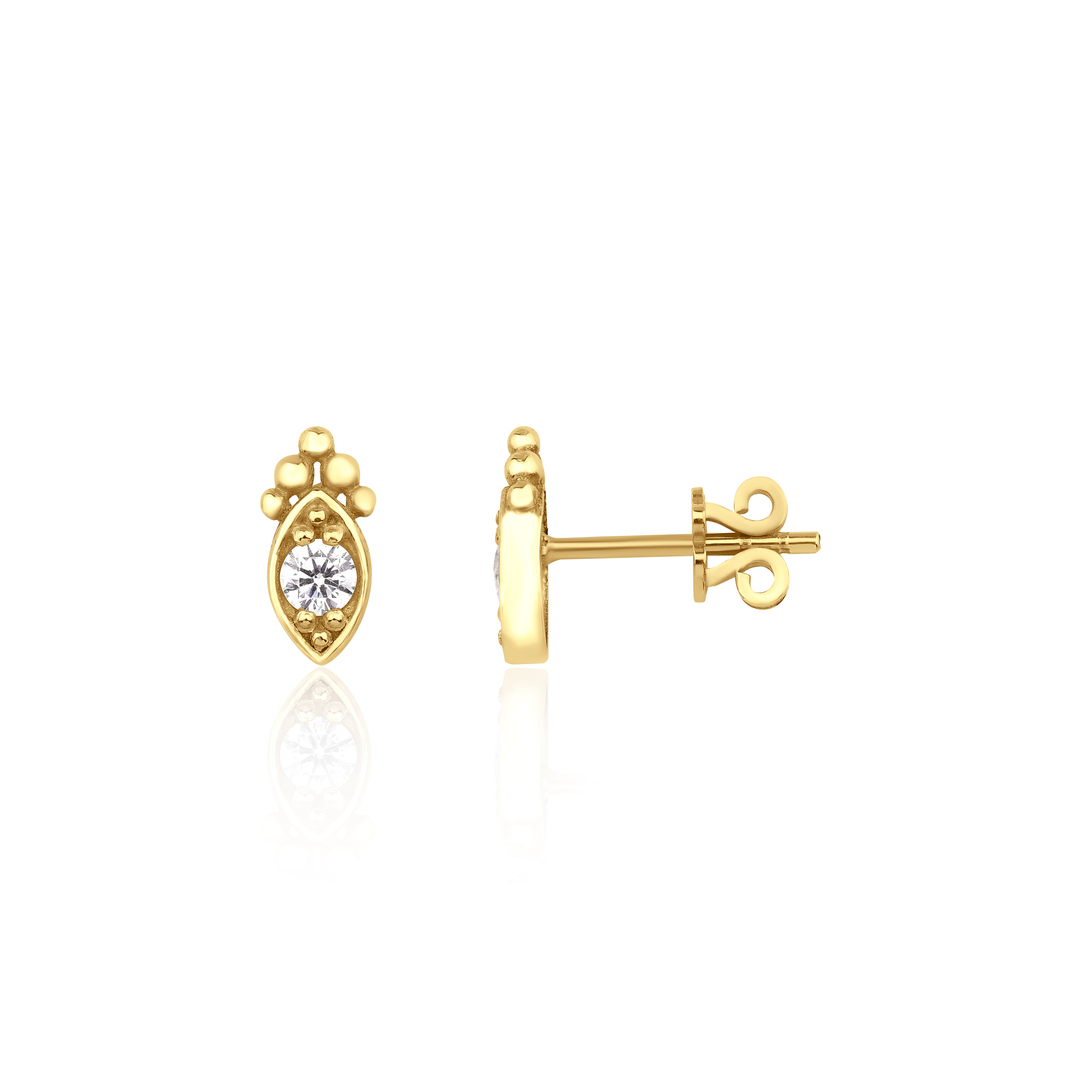 yellow gold almond-shaped stud earrings with a central clear stone on white background
