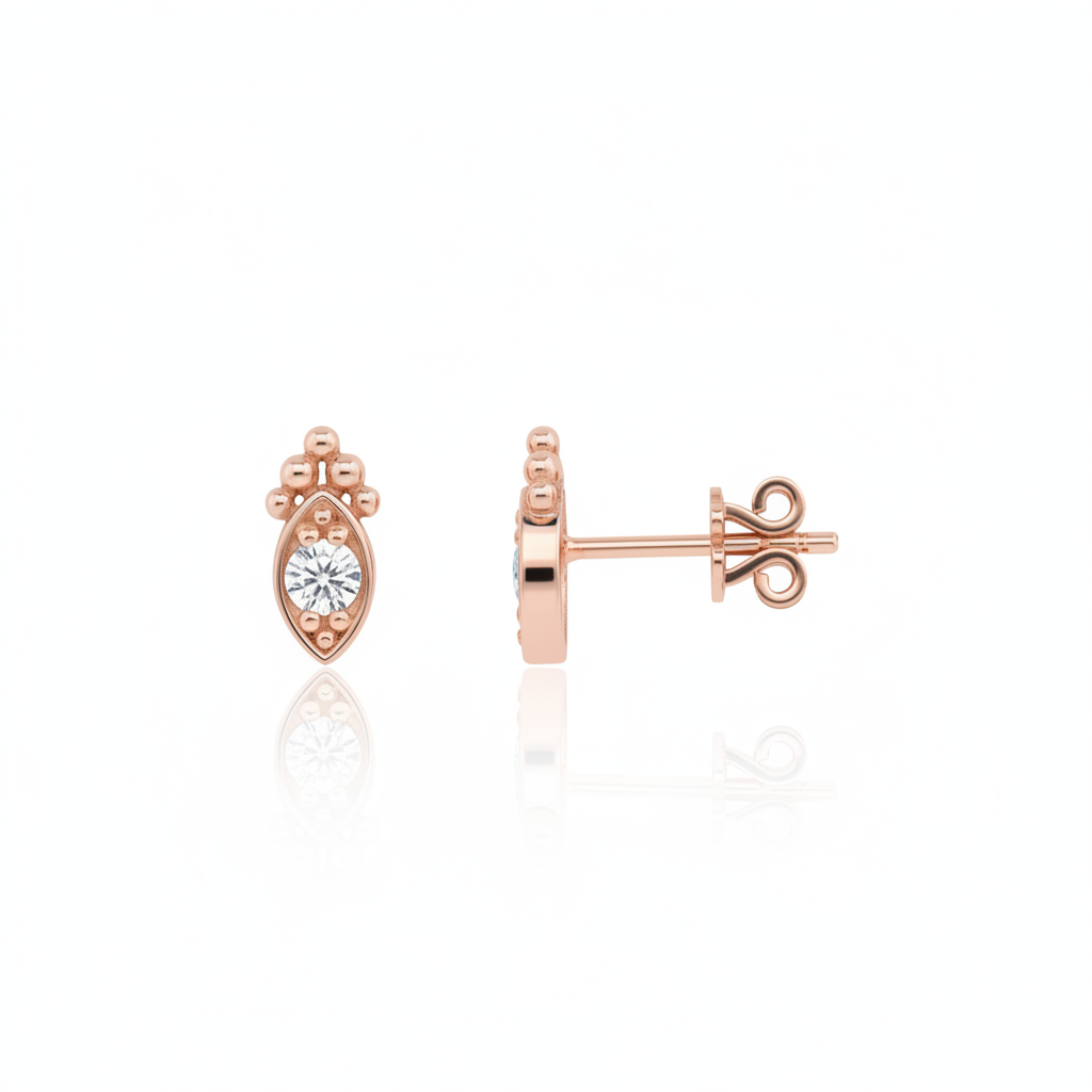 rose gold almond-shaped stud earrings with a central clear stone on white background