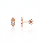 rose gold almond-shaped stud earrings with a central clear stone on white background