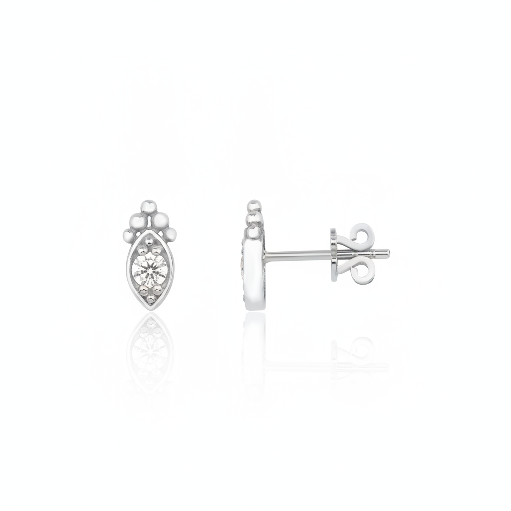 white gold almond-shaped stud earrings with a central clear stone on white background