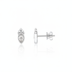white gold almond-shaped stud earrings with a central clear stone on white background