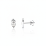 white gold almond-shaped stud earrings with a central clear stone on white background