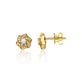 yellow gold swirl rosette stud earrings with clear stones on white background
