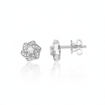 white gold swirl rosette stud earrings with clear stones on white background