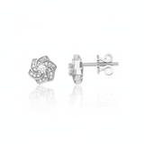 white gold swirl rosette stud earrings with clear stones on white background