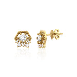 yellow gold hexagonal stud earrings with clear stones on white background