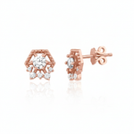rose gold hexagonal stud earrings with clear stones on white background