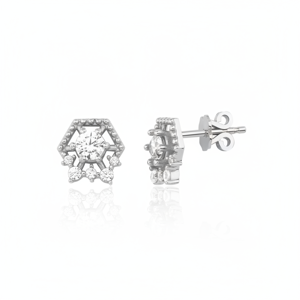 white gold hexagonal stud earrings with clear stones on white background