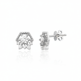 white gold hexagonal stud earrings with clear stones on white background