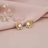 beaded hexagonal gold stud earrings with a clear center stone and White CZ accents, styled on a pink background with dried flowers and a pink stone
