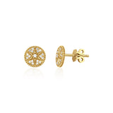 yellow gold star medallion stud earrings with clear stones on white background