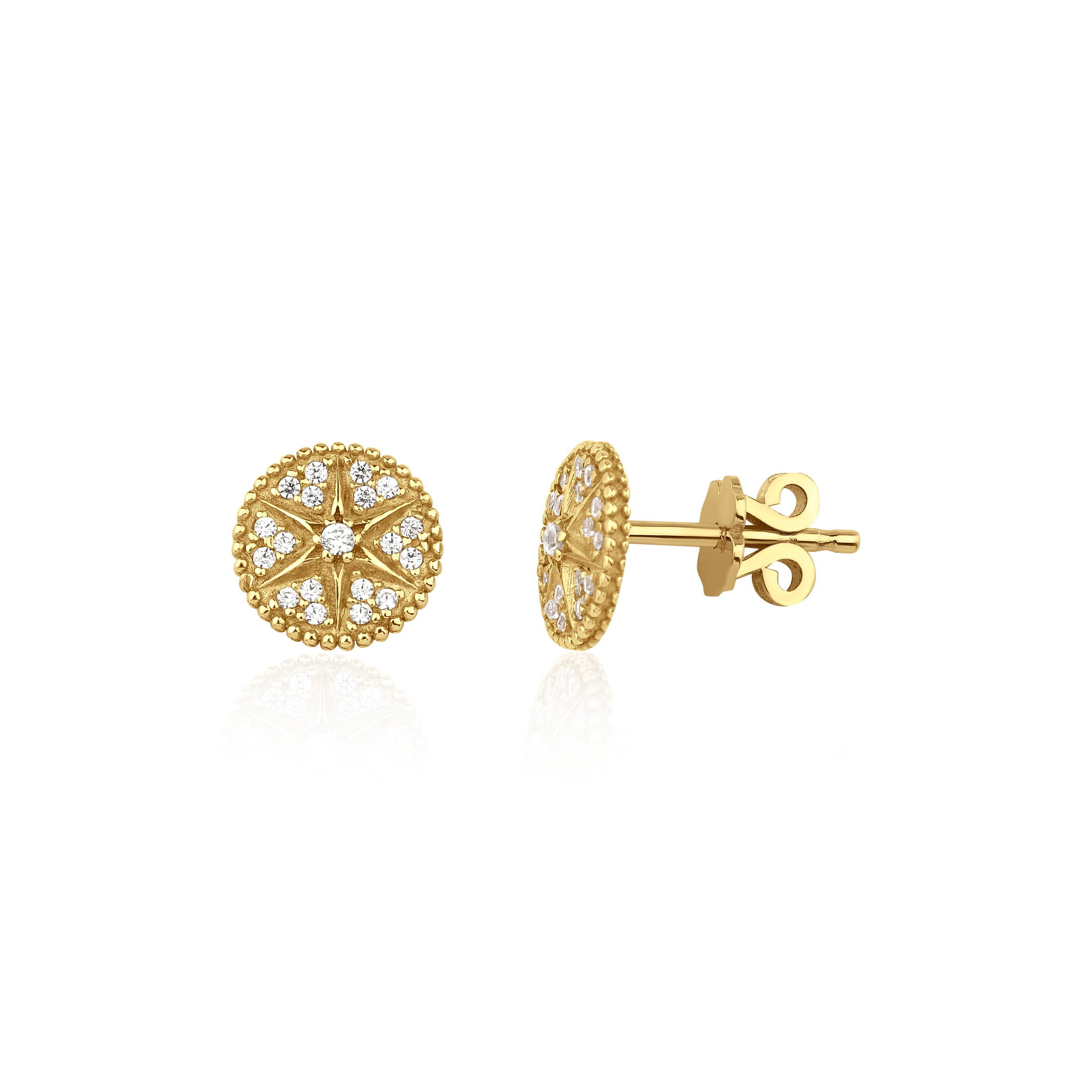 yellow gold star medallion stud earrings with clear stones on white background