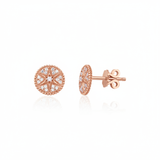 rose gold star medallion stud earrings with clear stones on white background