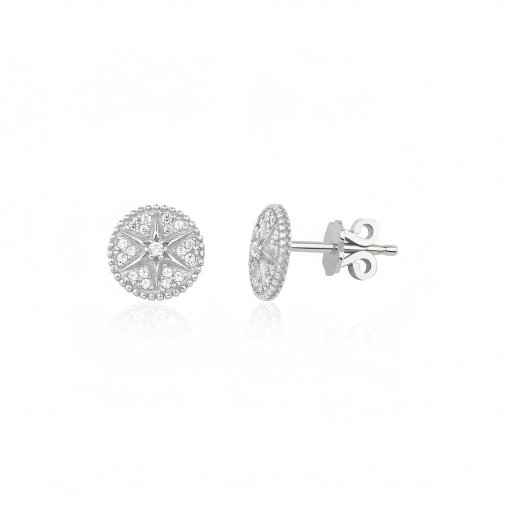 white gold star medallion stud earrings with clear stones on white background