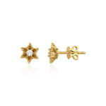 yellow gold six-pointed star stud earrings with a central clear stone on white background