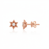 rose gold six-pointed star stud earrings with a central clear stone on white background