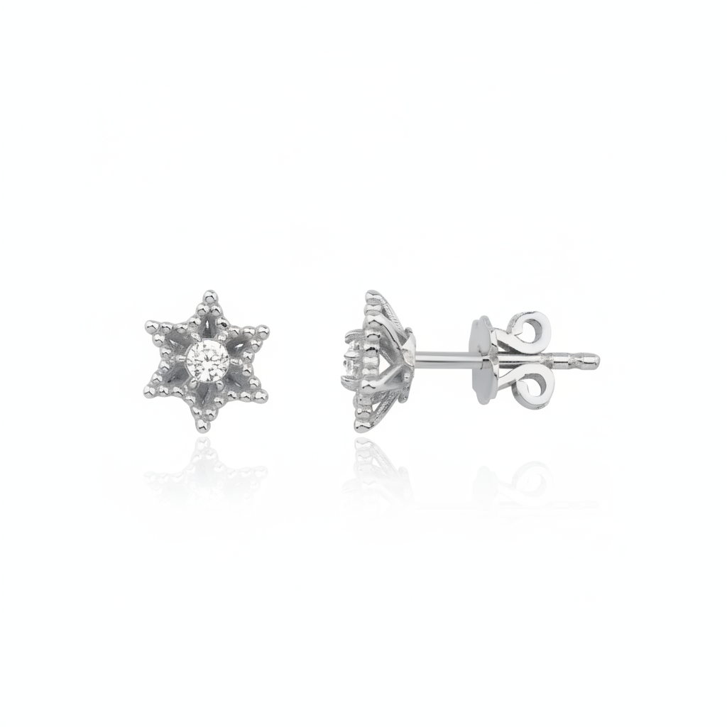 white gold six-pointed star stud earrings with a central clear stone on white background