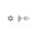 white gold six-pointed star stud earrings with a central clear stone on white background