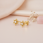 six-pointed gold star stud earrings with beaded texture and a central clear stone, styled on a pink background with a dried flower sprig and a pink stone