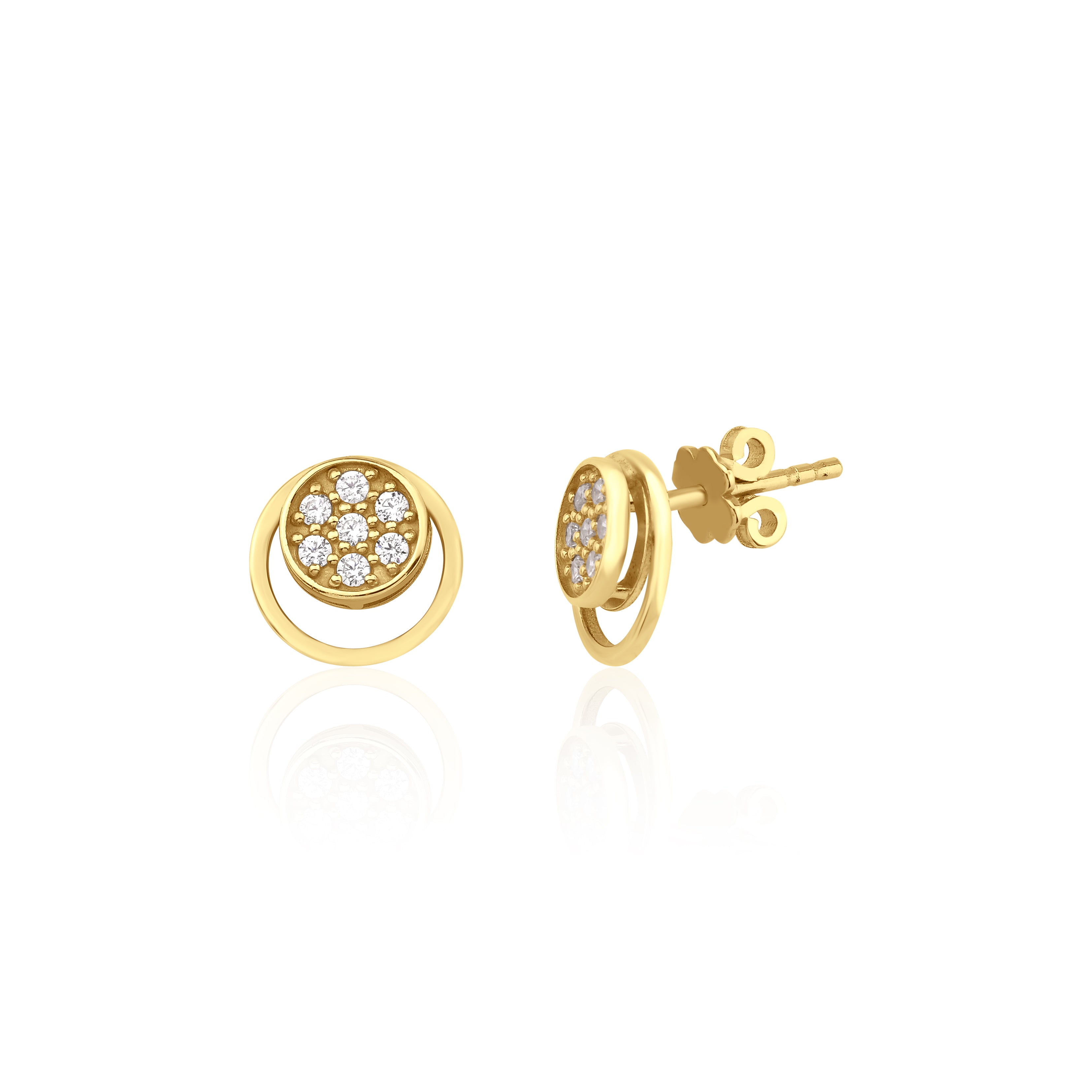 yellow gold open circle stud earrings with a pave cluster of clear stones on white background