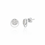 white gold open circle stud earrings with a pave cluster of clear stones on white background