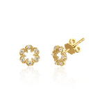 yellow gold leaf wreath stud earrings with clear stones on white background