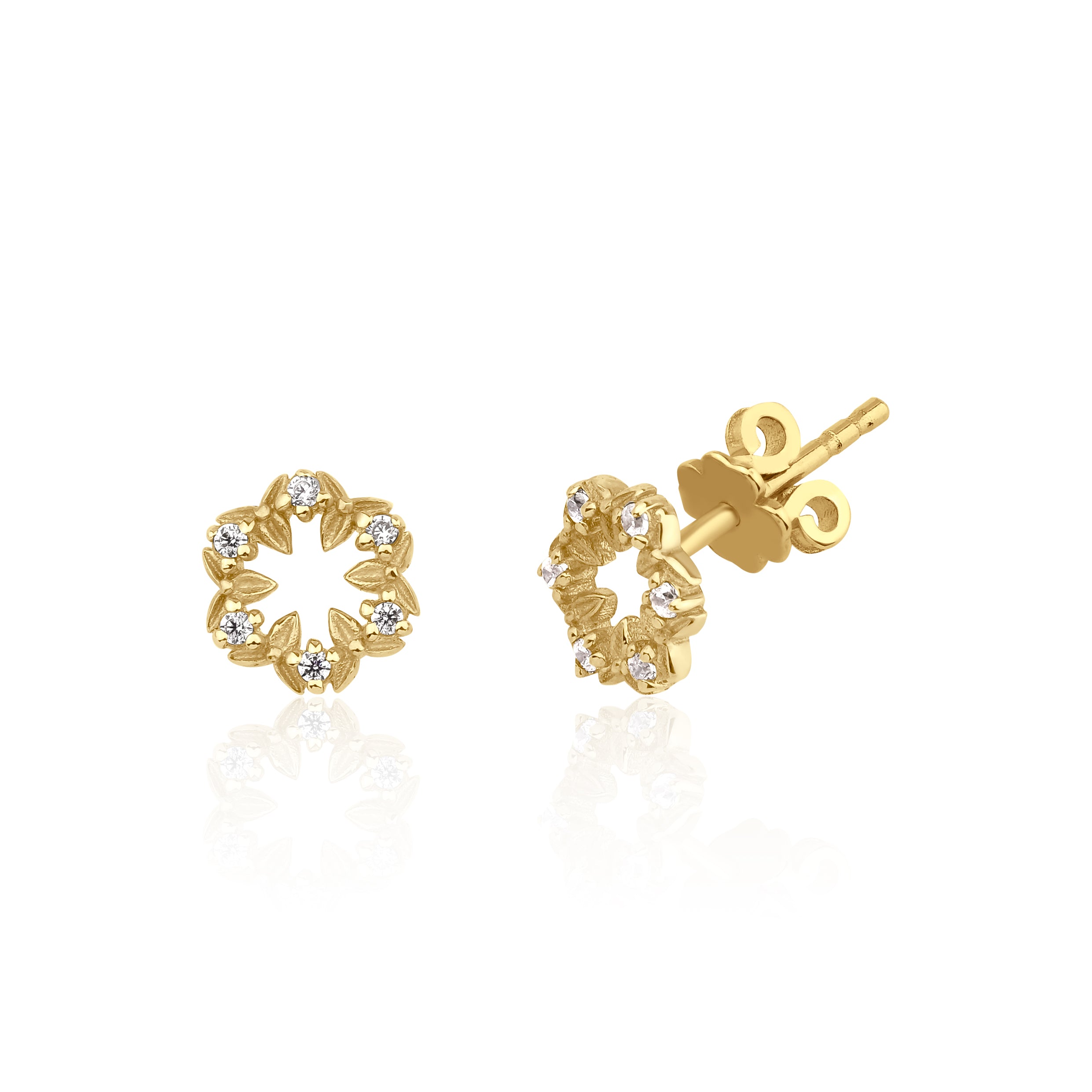 yellow gold leaf wreath stud earrings with clear stones on white background