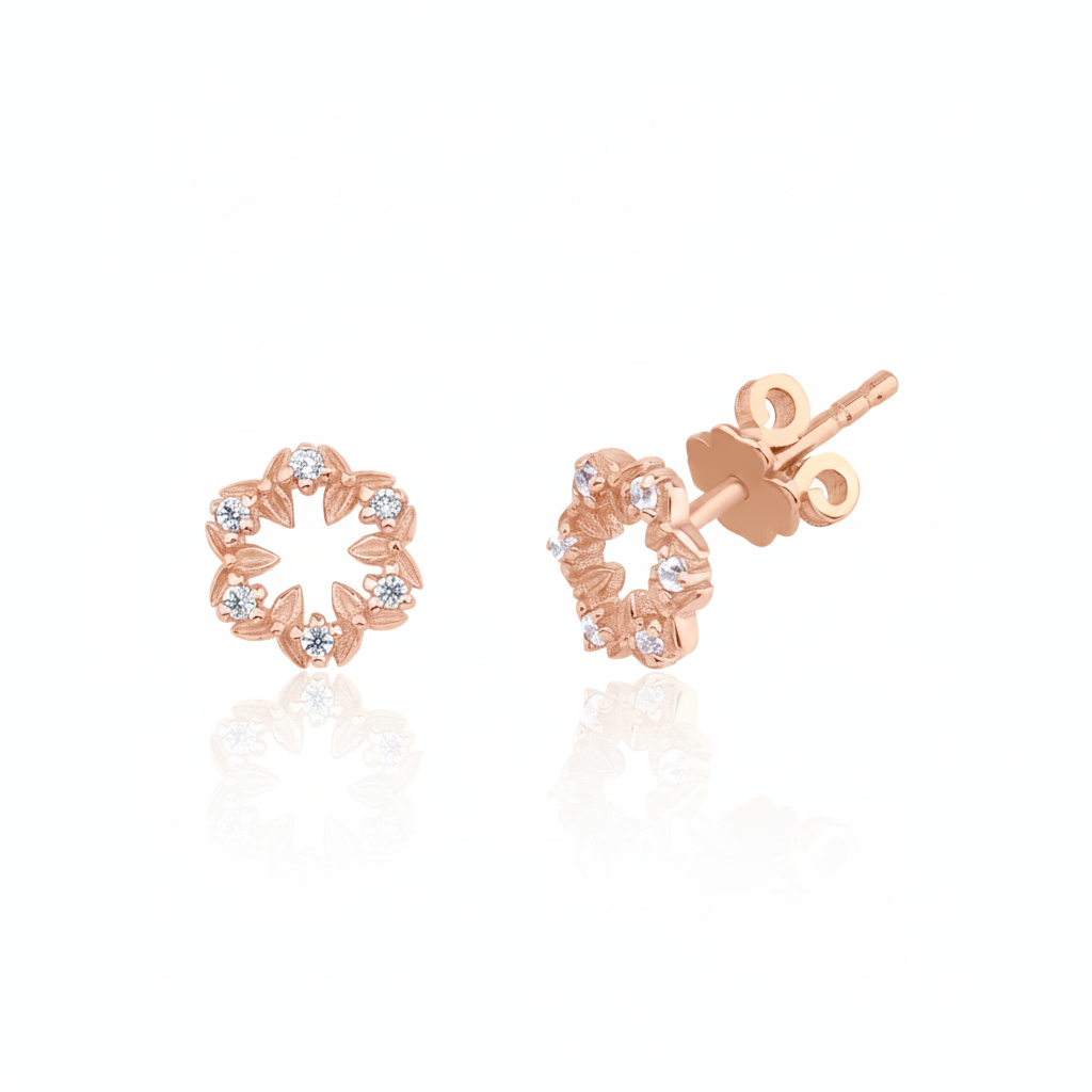 rose gold leaf wreath stud earrings with clear stones on white background