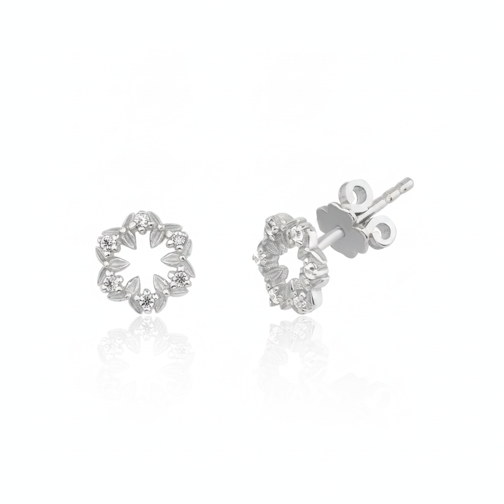 white gold leaf wreath stud earrings with clear stones on white background