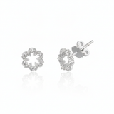 white gold leaf wreath stud earrings with clear stones on white background