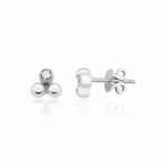 white gold triple sphere stud earrings with a single clear stone on white background