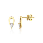 yellow gold open loop stud earrings with a pear-cut clear stone on white background