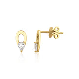 yellow gold open loop stud earrings with a pear-cut clear stone on white background