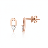 rose gold open loop stud earrings with a pear-cut clear stone on white background