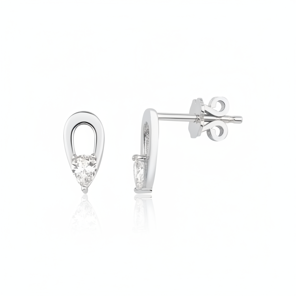 white gold open loop stud earrings with a pear-cut clear stone on white background