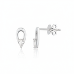 white gold open loop stud earrings with a pear-cut clear stone on white background