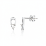 white gold open loop stud earrings with a pear-cut clear stone on white background