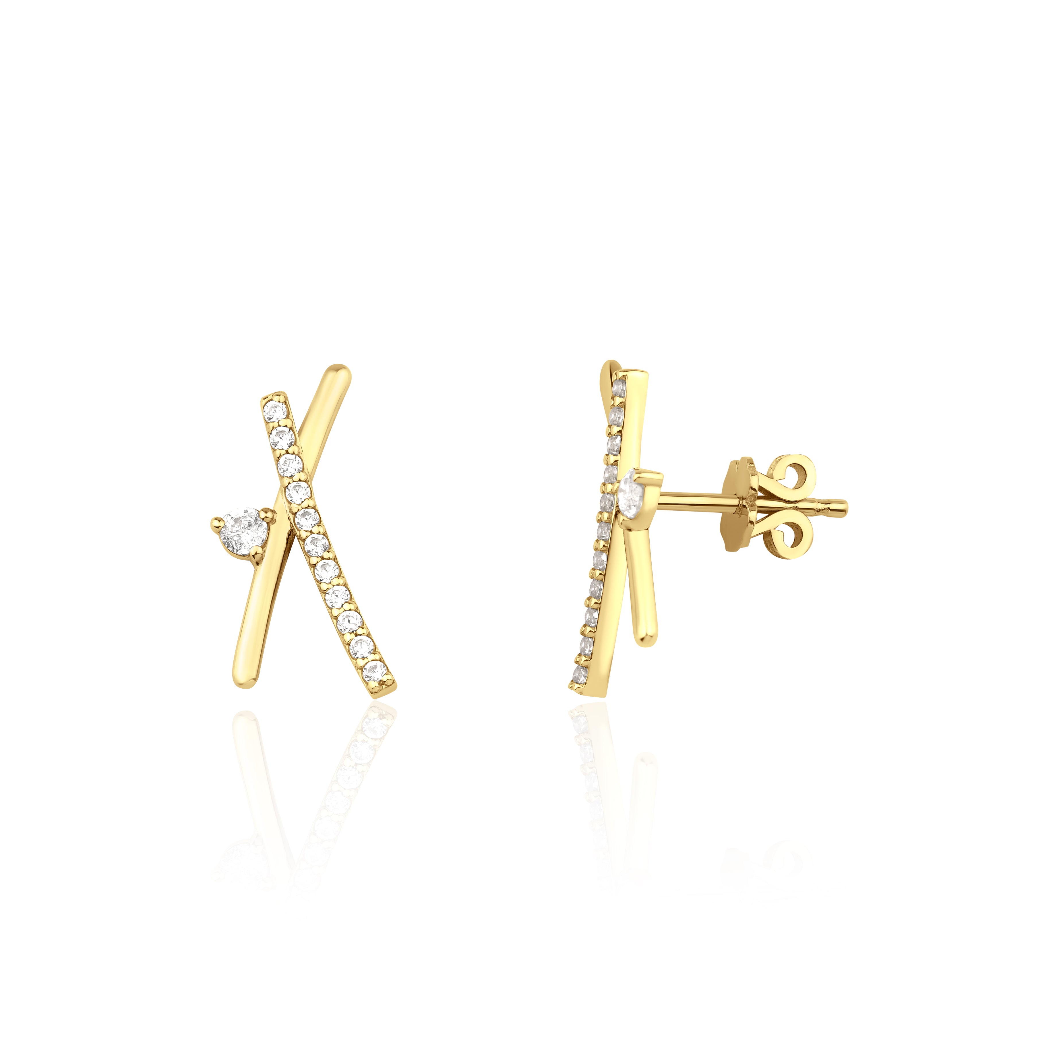 yellow gold crossed bar stud earrings with clear stones on white background