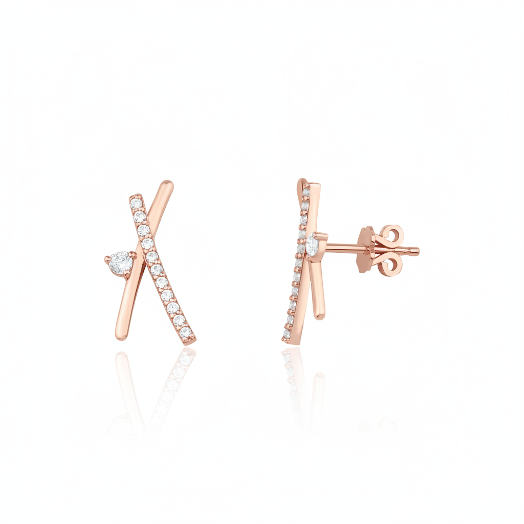 rose gold crossed bar stud earrings with clear stones on white background