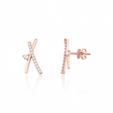 rose gold crossed bar stud earrings with clear stones on white background