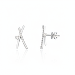 white gold crossed bar stud earrings with clear stones on white background