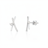 white gold crossed bar stud earrings with clear stones on white background