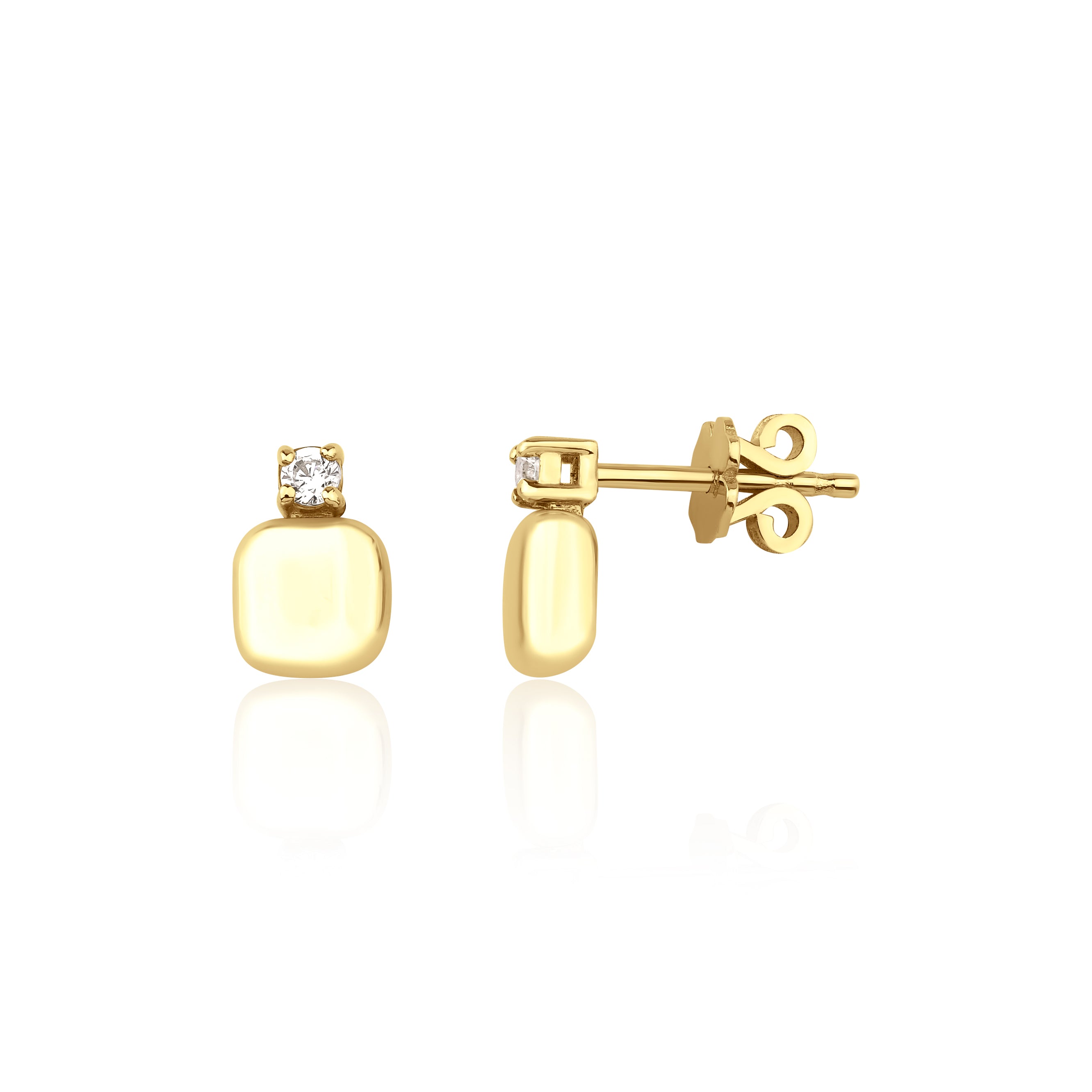 yellow gold cushion stud earrings with a single clear stone on white background