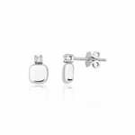 white gold cushion stud earrings with a single clear stone on white background