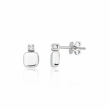 white gold cushion stud earrings with a single clear stone on white background