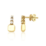 yellow gold trio drop stud earrings with clear stones on white background