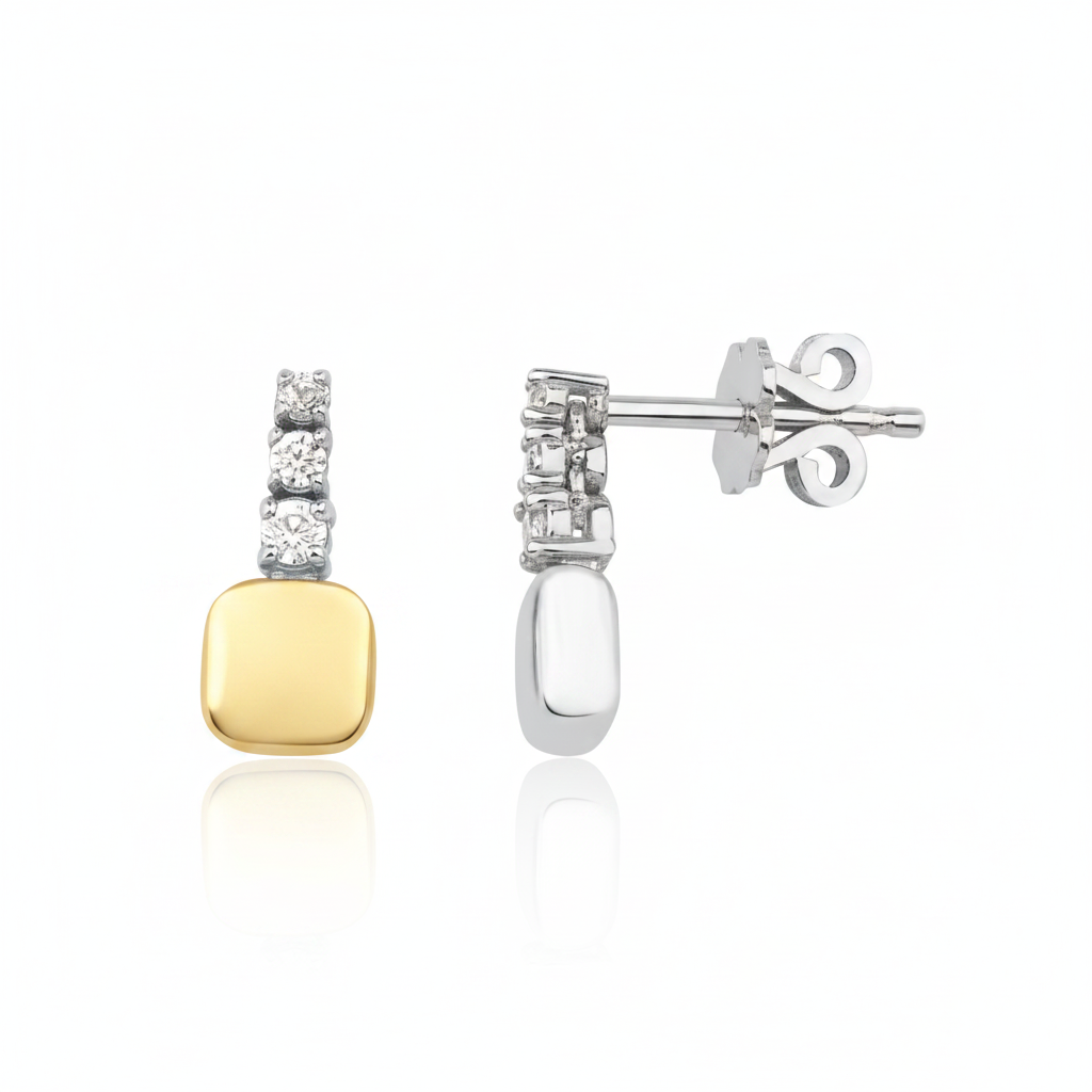 white gold trio drop stud earrings with clear stones on white background