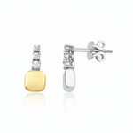 white gold trio drop stud earrings with clear stones on white background